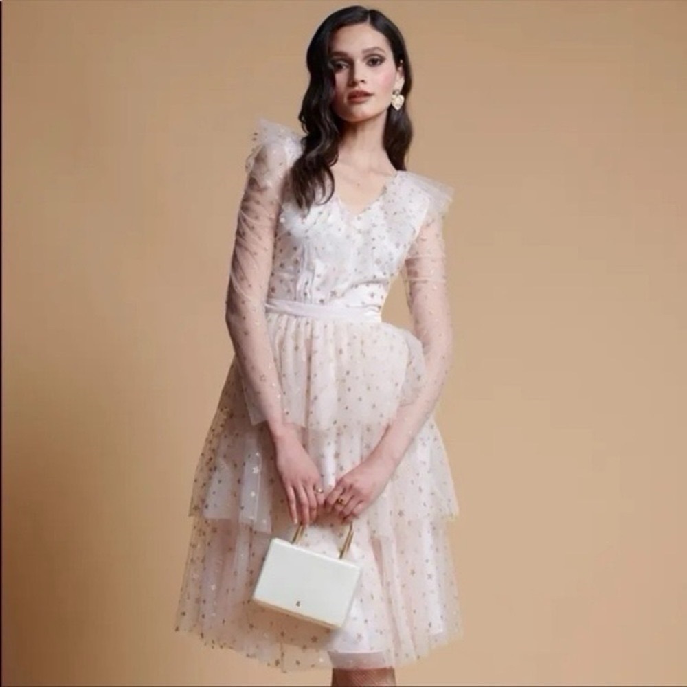 NEW Rachel Parcell Glitter Star Long Sleeve Tulle Dress Pink Parchment